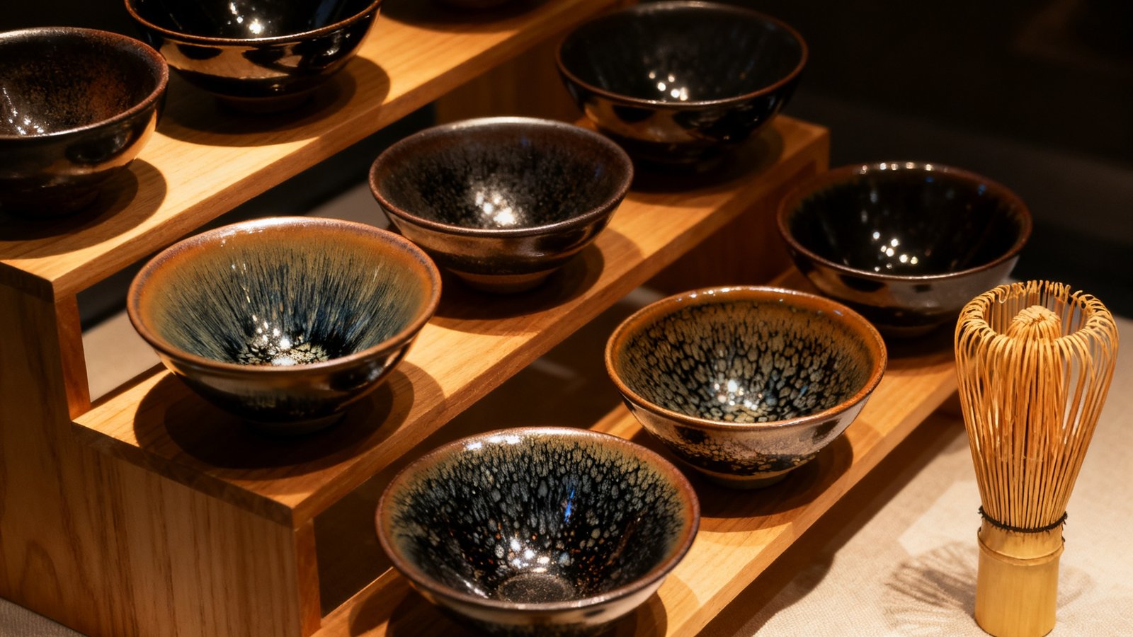 一组宋代建窑茶盏陈列在木制展架上，深浅不一的釉色在灯光下呈现出兔毫、油滴等不同纹理效果，旁边配以竹制茶筅。